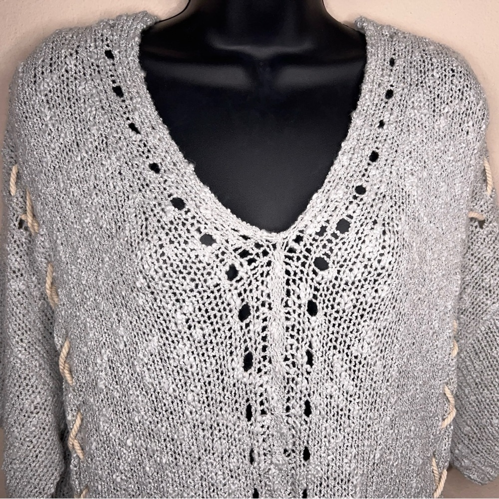 Small Easel Pastel Light Blue Knit Top Short Sleeve Strappy Accent Boho Bohemian - Picture 12 of 13